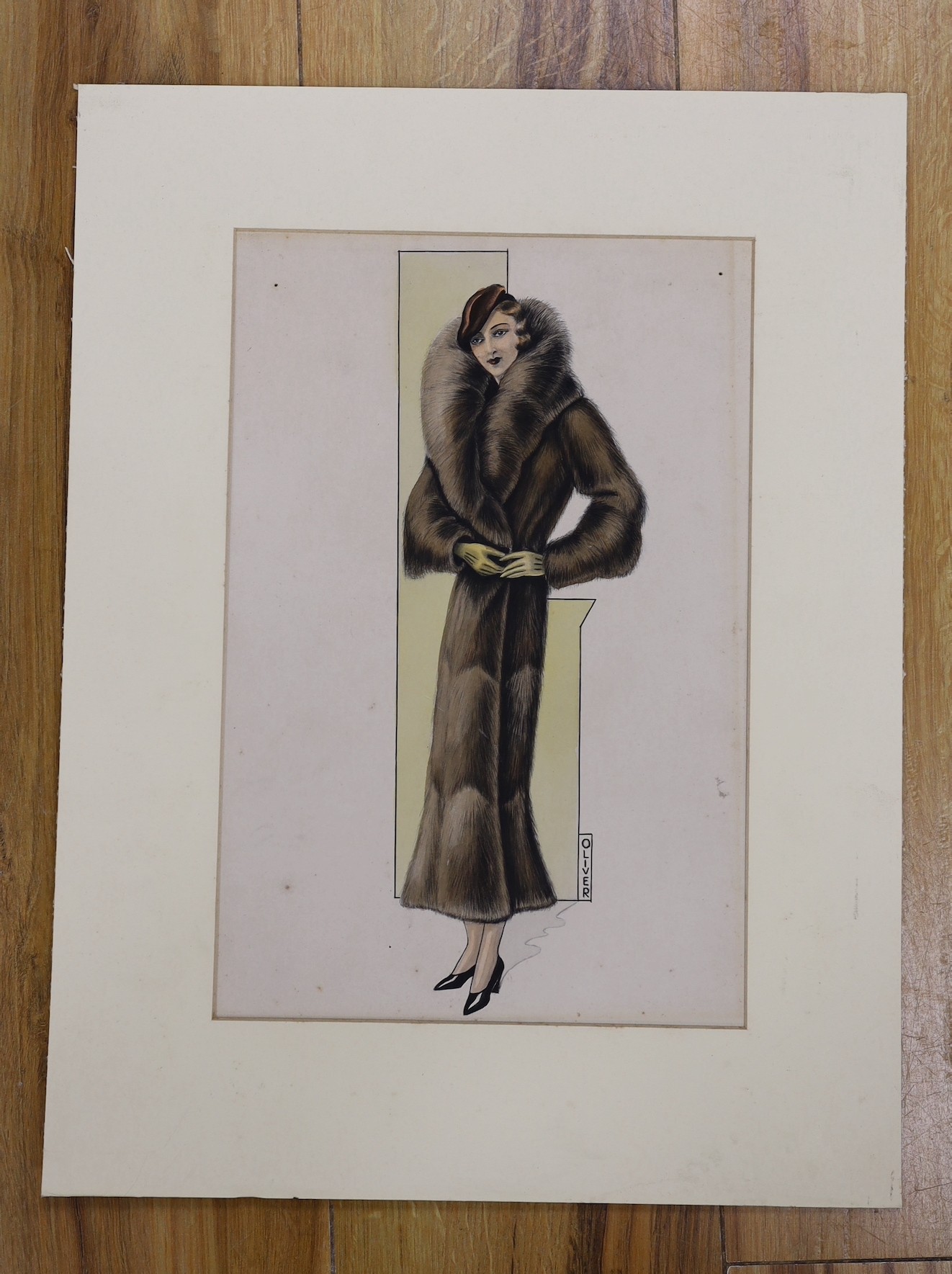 Oliver, ink and watercolour, Commercial artwork depicting a lady wearing a fur coat, signed, 33 x 22cm, unframed